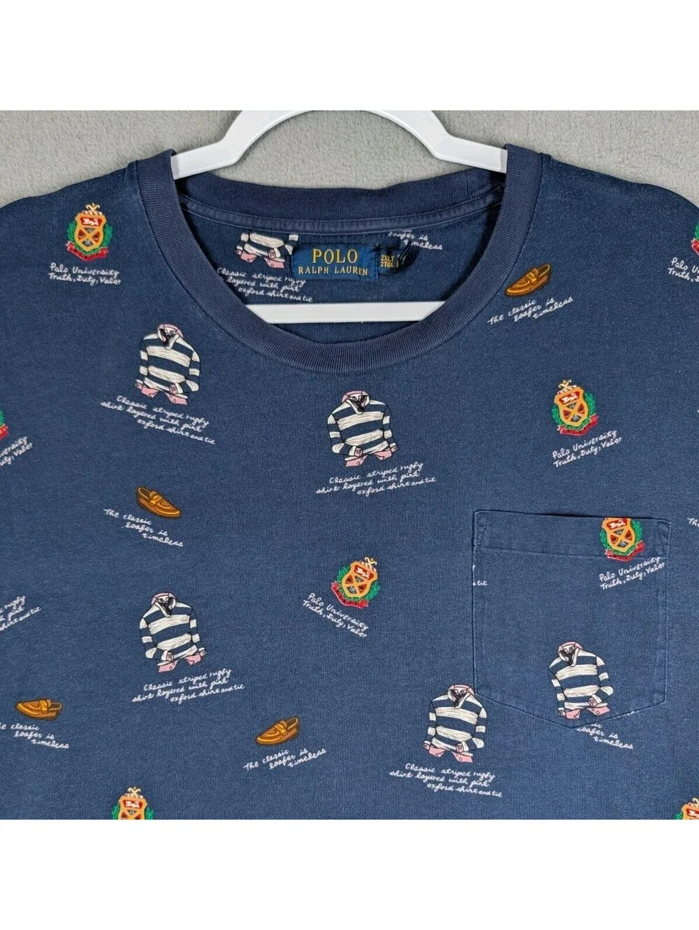 Polo Ralph Lauren Mens 2XLT Blue Pocket T Shirt Crest Rugby Print All Over Print